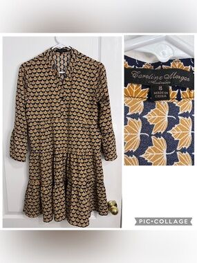 Caroline Morgan navy  and Mustard Floral Tiered Dress size 8